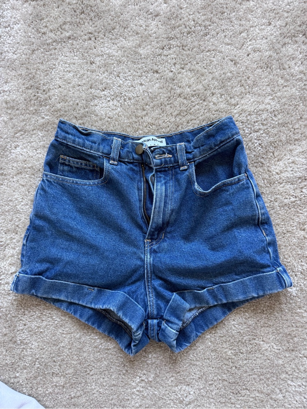 American Apparel Blue High-Waist Cuffed Denim Shorts
